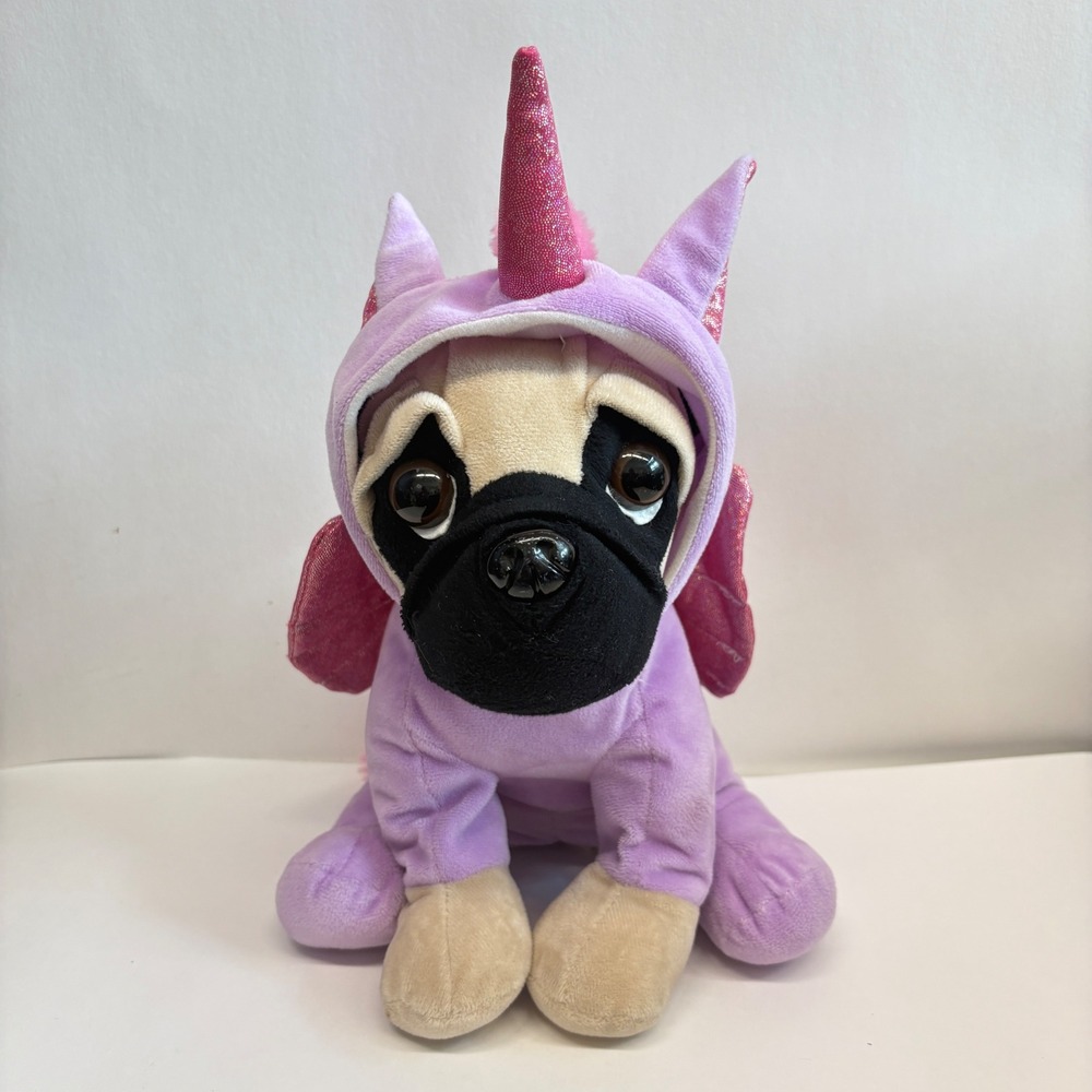Pet Express Pug Plush in Purple Unicorn Costume 12 Inch Stuffed Animal Toy